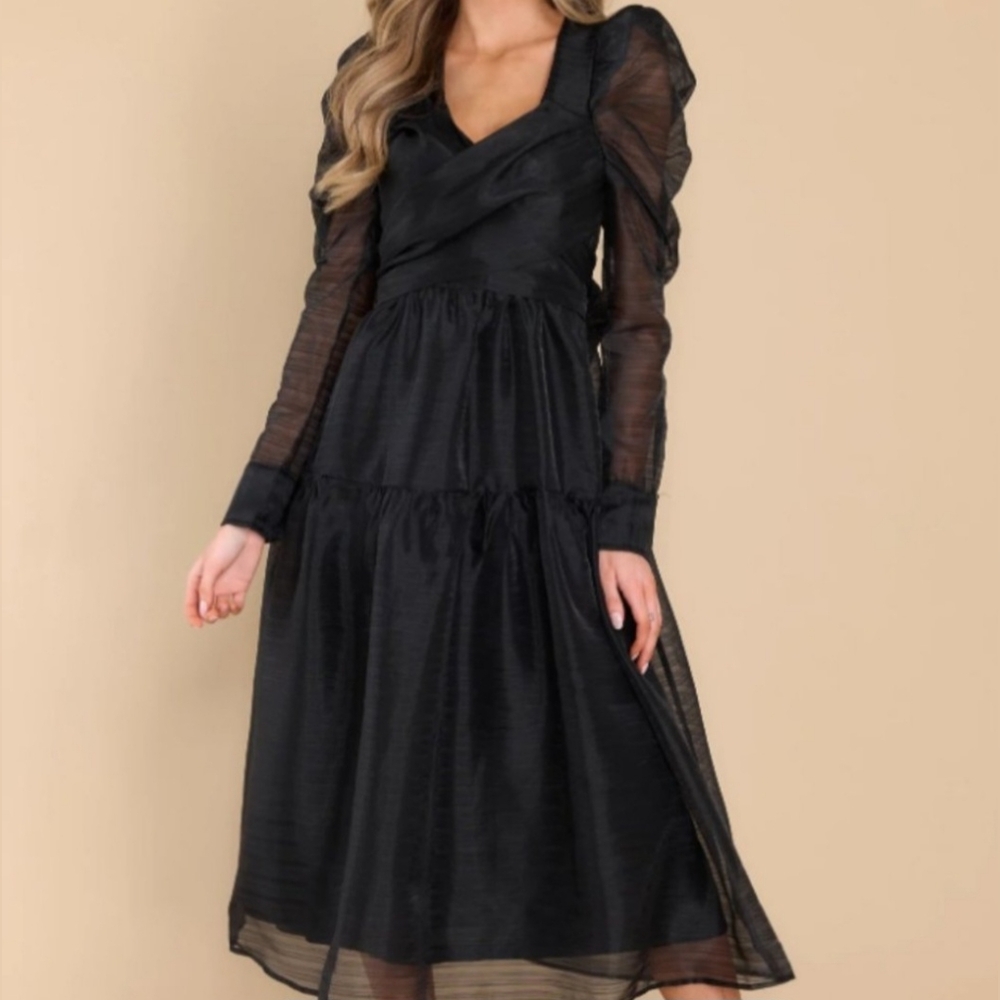 Listicle Black Tulle Puff Sleeves   Midi Cocktail Dress